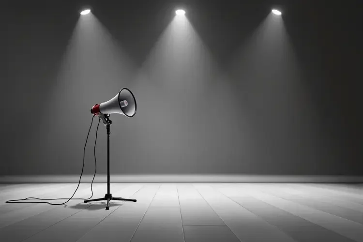 聚光灯下空舞台上的扩音喇叭，复古侦探剪报风格
