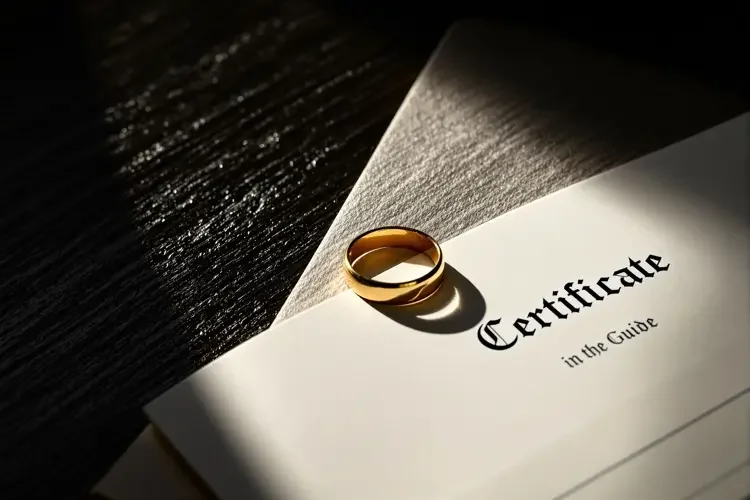 阴影中的婚戒与结婚证，复古侦探剪报风格